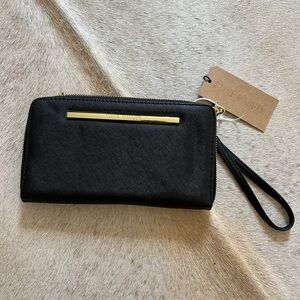 Steve Madden Black Saffiano Zip Wristlet Wallet with Gold Accent